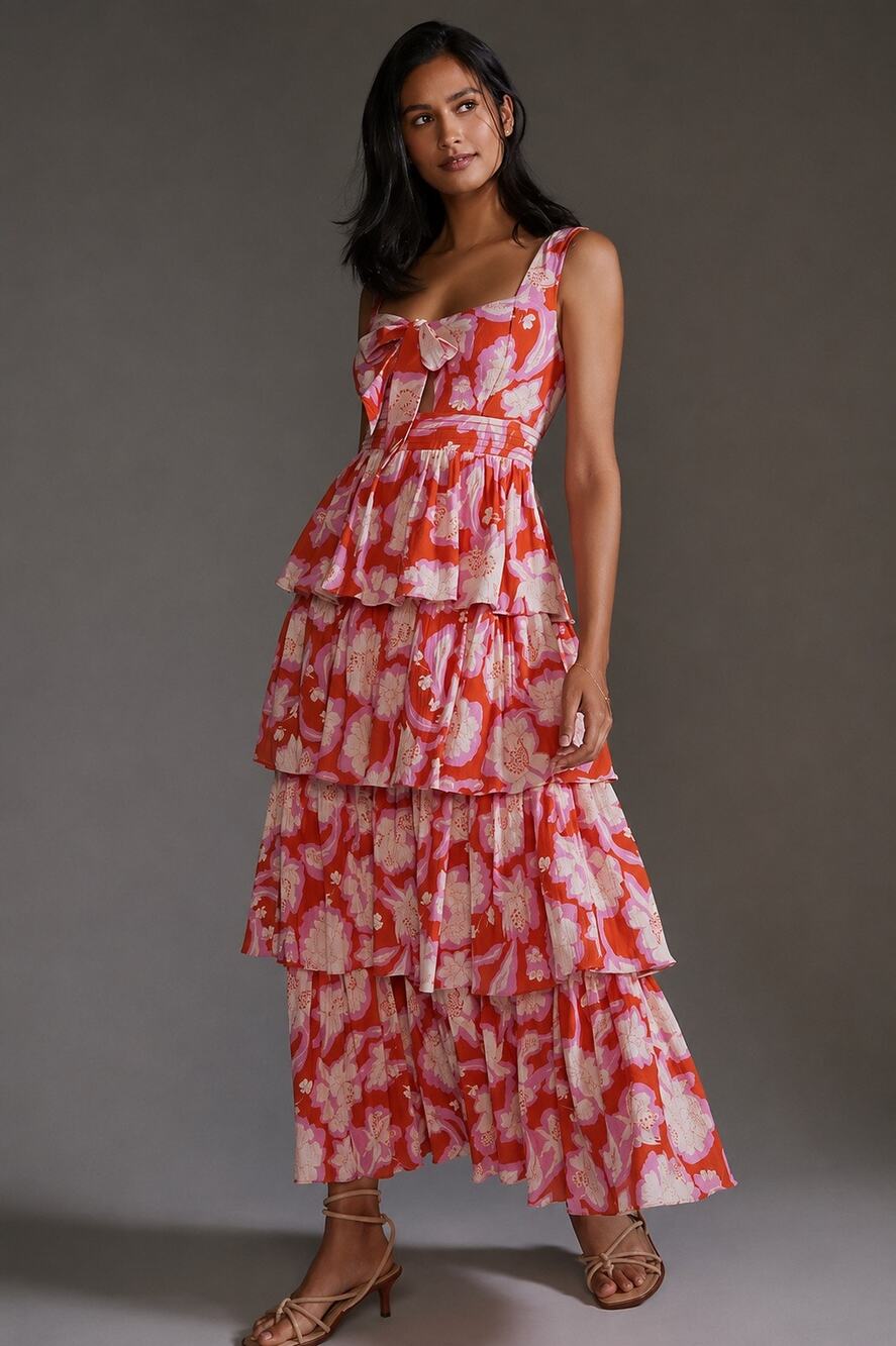Anthropologie Vineet Bahl Tiered Ruffle Floral Maxi Dress Red Pink Size 14